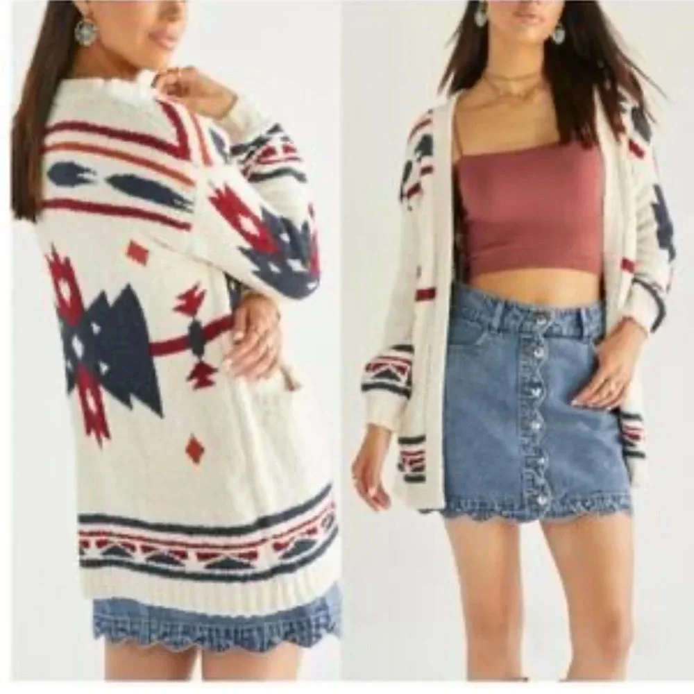 Audrey Parks by Francesca tribal boho western print oversized‎ knit cardigan sm